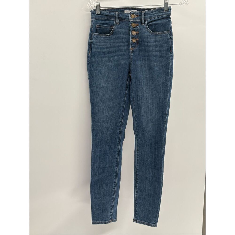 Ann Taylor Loft Jeans Curvy Skinny Exposed Button Women Size 25 Blue High Rise‎